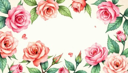 Naklejka premium Delicate watercolor roses repeat on vintage paper , elegant, pink, red
