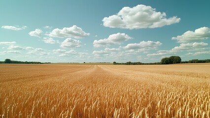 Golden wheat fields rural landscape nature photography under clear blue sky expansive view peaceful atmosphere
