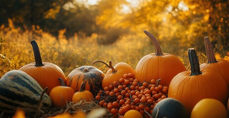 Autumnal pumpkins and berries in golden light, rustic fall harvest bounty, seasonal celebration.