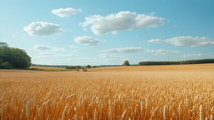Wheat harvesting process in a serene rural landscape under clear skies