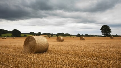 Bales of hay in a golden wheat field under a dramatic sky rural landscape photography nature wide view agricultural serenity