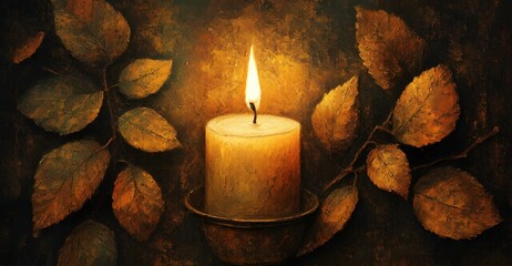 Glowing candle flame amidst autumn leaves, creating warm and peaceful ambiance. Oil painting.