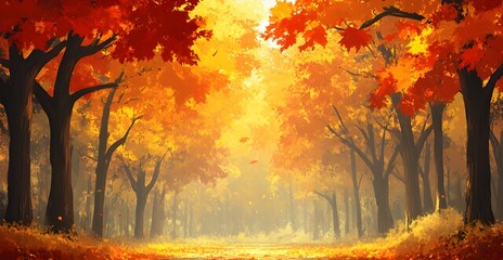 Golden autumn forest: vibrant orange leaves, sunlit path, tranquil seasonal landscape.
