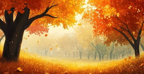 Golden autumn landscape: vibrant fall foliage, trees, and leaves create a warm, ethereal, serene scene.