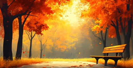 Golden autumn park scene. Bench invites peaceful reflection amid vibrant fall foliage and falling leaves.