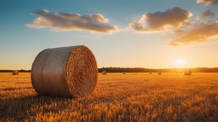 Sunset over hay bales rural field photography golden hour wide angle nature's beauty