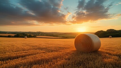 Golden sunset over rolling fields with hay bales rural landscape nature photography tranquil environment wide-angle view serenity