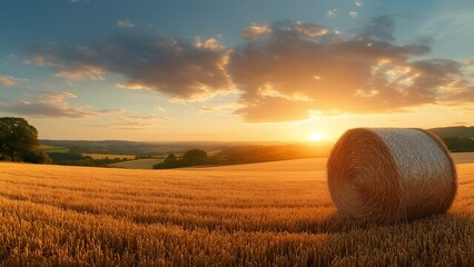 Golden sunset over wheat field rural landscape photography serene environment wide angle nature's beauty