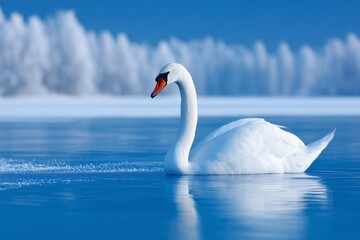 Fototapeta premium Swan glides on frozen lake, Bright snowy winter background, Nature and season themed image for cold environments