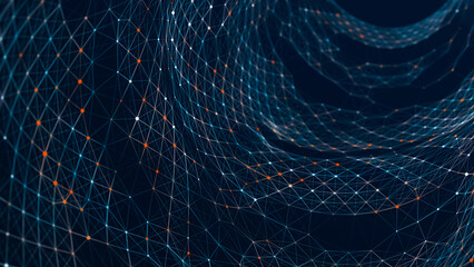 Digital binary data tunnel. Abstract connection of dots and lines on dark background. Concept of network. 3D