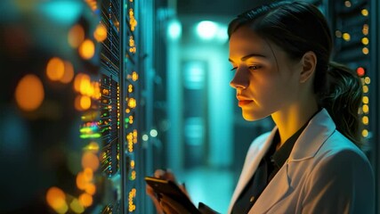 Data center engineer inspecting servers with tablet, futuristic technology, professional setting, cinematic lighting