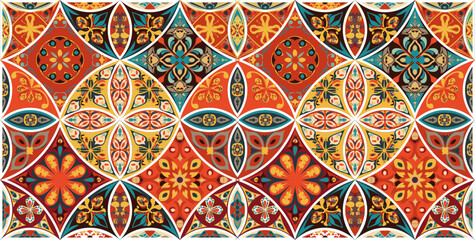 Modern, Abstract creative colorful tiles pattern design background, vector mandala pattern, background for fabric, clothes, carpet, luxury, textile, texture, illustration, ornate mosaic, floor decor.