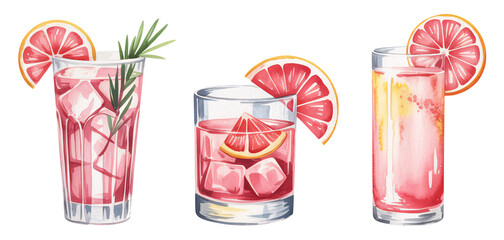 Grapefruit Cocktails Watercolor Illustration Three Refreshing Pink Drinks with Ice and Garnish Perfect for Summer Menus, transparent background