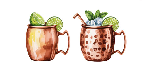 Refreshing Watercolor Moscow Mule Cocktails in Copper Mugs Lime Garnish Ice Mint Leaves, transparent background