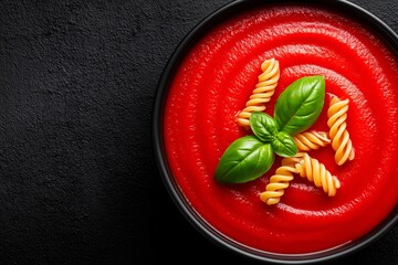 Tomato soup with spiral pasta, Basil garnish on rich red base, Great for menu or recipe book