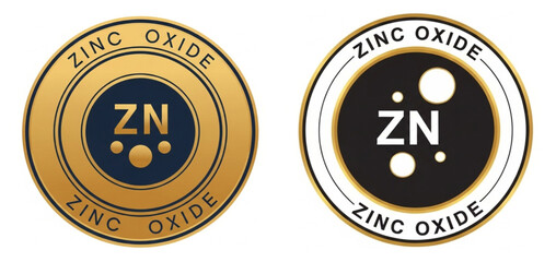 Zinc Oxide Chemical Compound Icons in Gold and Black | ZN Abbreviation Seals for Pharmaceutical, Cosmetic and Industrial Marketing