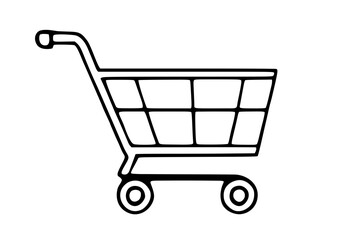 Black outline of a shopping cart on a white background, symbolizing online shopping or retail.