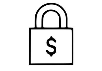 A simple line drawing of a padlock featuring a dollar sign, symbolizing financial security or protection of money.
