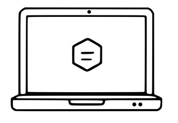 A minimalistic line drawing of a laptop displaying a hexagonal logo with two horizontal lines in the center.