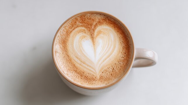 Creamy Latte with Heart Shape Foam Art on White Background