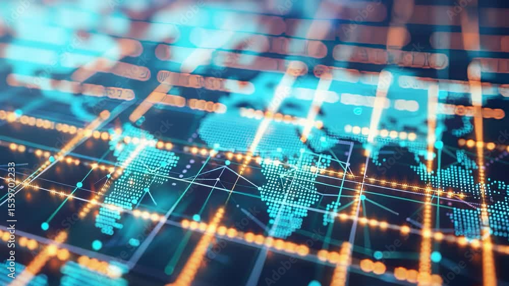 Aufkleber abstract futuristic world map with glowing network connections and bokeh lights