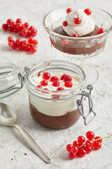 Chocolate cream made from beans with whipped cream and currants in a glass