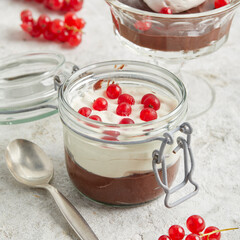 Chocolate cream made from beans with whipped cream and currants in a glass