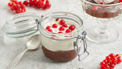 Chocolate cream made from beans with whipped cream and currants in a glass