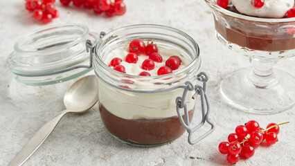 Chocolate cream made from beans with whipped cream and currants in a glass
