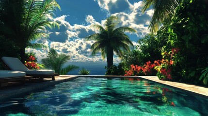 Obraz premium Poolside scene with loungers in a tropical setting