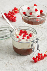 Chocolate cream made from beans with whipped cream and currants in a glass