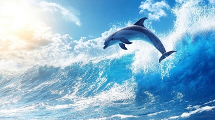 Dolphin leaping high above ocean wave, sunny sky.