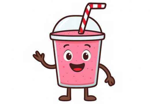 Smiling strawberry milkshake character waving, cartoon-style graphic with transparent background for beverage design and branding projects