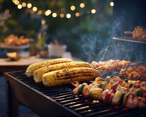 A close up of corn on the cob and skewers cooking on a grill with lights in the background at dusk
