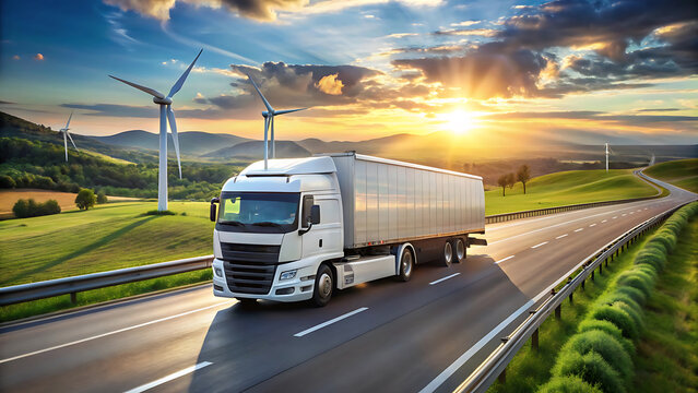 Hybrid truck driving on clean energy highway eco friendly logistics concept vector illustration