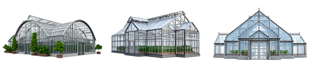 Naklejka premium Set of a glass greenhouse structure, isolated on a transparent background.