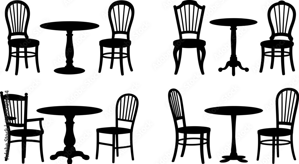 Poster Silhouette of four tables and chairs sets arranged in a grid pattern on a white background