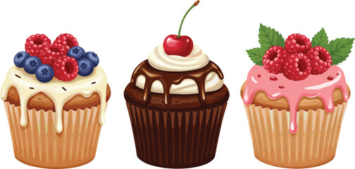 Whimsical Cupcake Illustrations with Fresh Berries, Chocolate Drizzle, and Creamy Frosting for Sweet Treats flat vector illustration