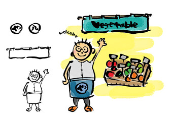 シンプルで味がある「八百屋のおっちゃん」の手描きイラスト