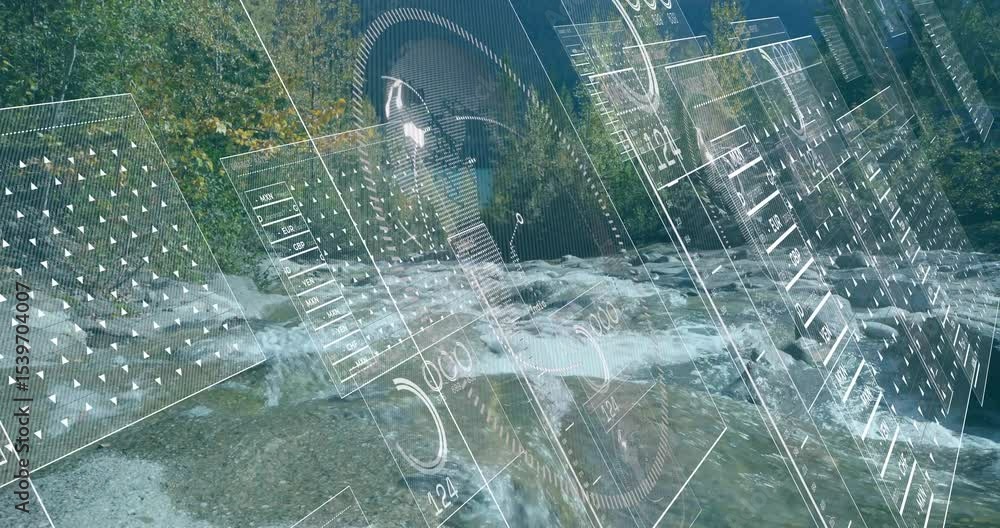 Poster fading in transparent digital overlays tracking mountain stream flow to visualize currency metrics