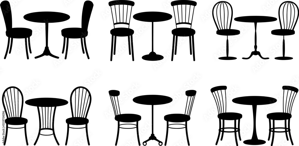 Poster Various arrangements of tables and chairs in black silhouette on a white background pattern design