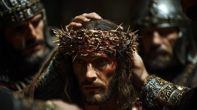 Jesus with crown of thorns surrounded by Roman guards, intense spotlight revealing anguish on his face as he prepares for crucifixion