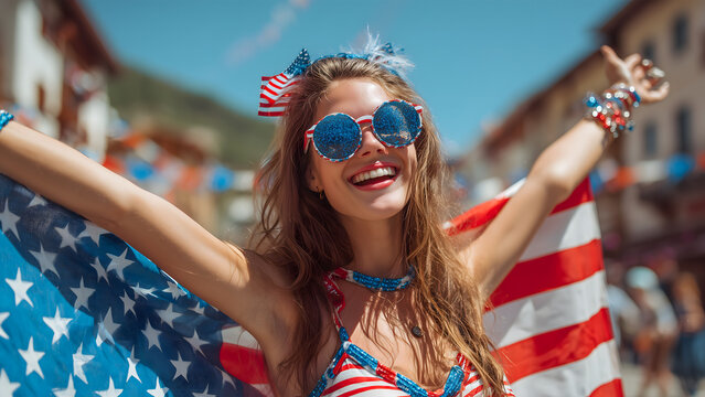 Young woman holing USA Flag Celebrating Independence Day USA. 4th of July Celebration