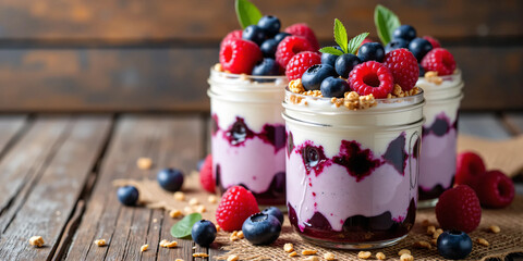 Layered blueberry and raspberry parfaits in clear mason jars with yogurt, granola, and fresh berries, styled on a rustic wooden table for a healthy breakfast or dessert presentation