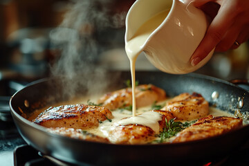 Appetizing chicken in creamy sauce in a frying pan. Women pour cream into a chicken dish.