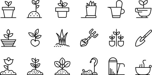 Collection of black outline garden and plant icons including pots soil and watering cans on white