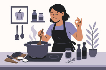 Flat-style vector illustration of a woman cooking soup on a stove and making an "okay" hand gesture, reflecting joy of cooking, home cuisine, and a cozy kitchen vibe.