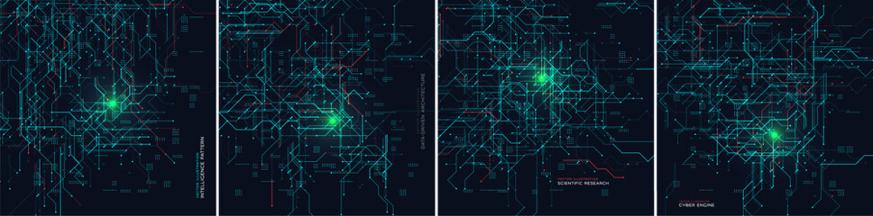 Glowing Data Circuits Map Background Set with glowing centre like route or cyberpunk underground map. Futuristic Intelligence Cyber Grid BG Design. Vector Illustration.