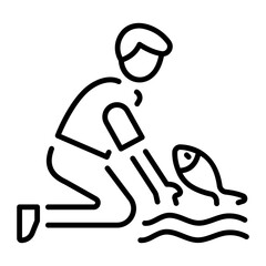 An outline style icon depicting catching fish