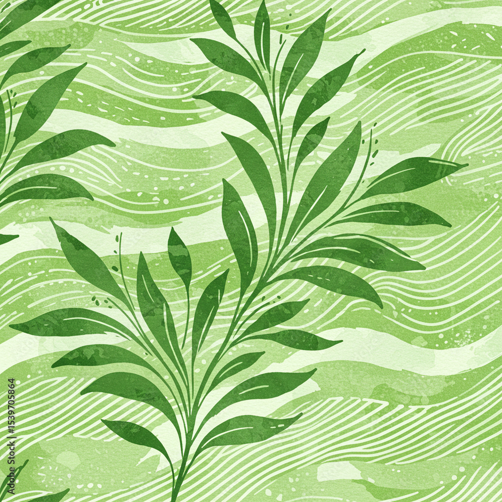 Aufkleber green botanical pattern with leaves and wavy lines creating a nature inspired background design art